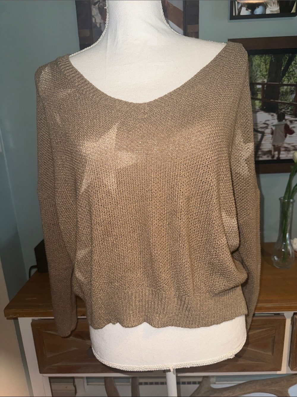 POL Oversized V-Neck Women’s Sweater in Taupe With Stars S